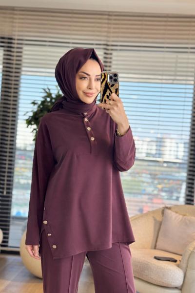 4437 Yanları Ve Patı Düğmeli Takım Mürdüm