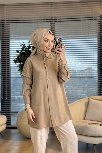 4442 Omuzları Taş ve Boncuk Detaylı Tunik Bej