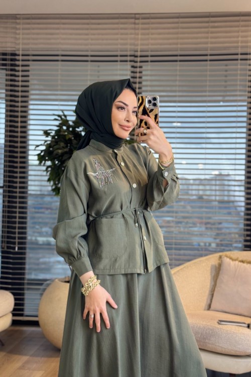 4443 Sol Gögüs Kuş İşli Takım Haki
