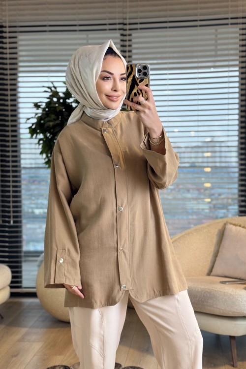 4445 Önü Fermuarlı Yakasız Kap Bej