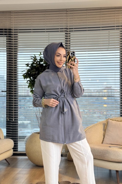 4452 Tencel Beli Bağcıklı Kapşonlu Kap Gri