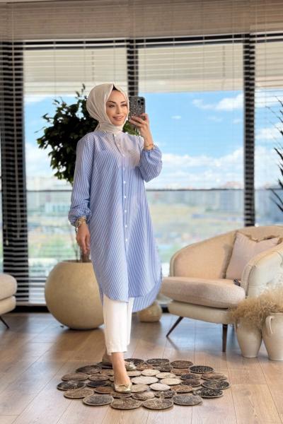 4475 Çizgili Gofre Tunik Lacivert