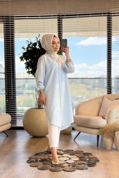 4475 Çizgili Gofre Tunik Mavi