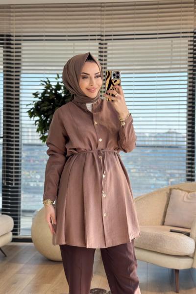 4475 Ön Dikiş Pile Detaylı Tunik Vizon