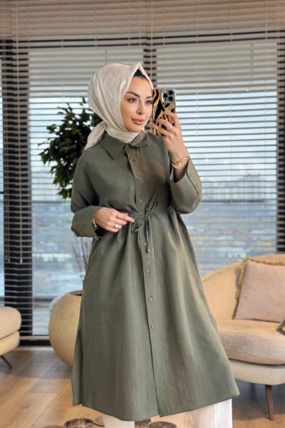 4476 Ön Düğmeli Klasik Uzun Gömlek Yeşil