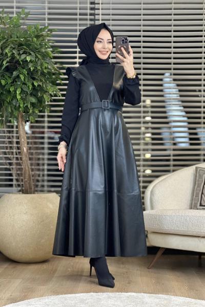 4478 Deri Omuzları Fırfırlı Elbise Siyah