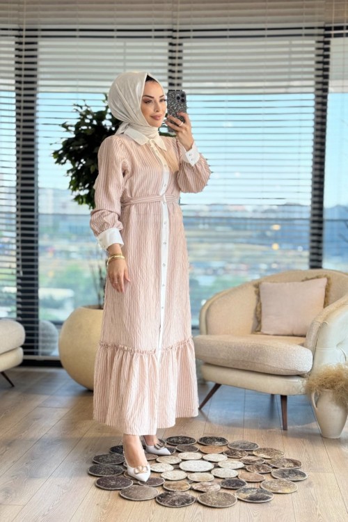 4501 Boyuna Çizgili Elbise Bej