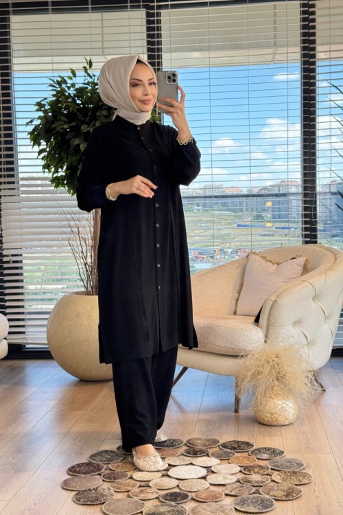 454 Ön Saçak Püsküllü Düğmeli Takım Siyah