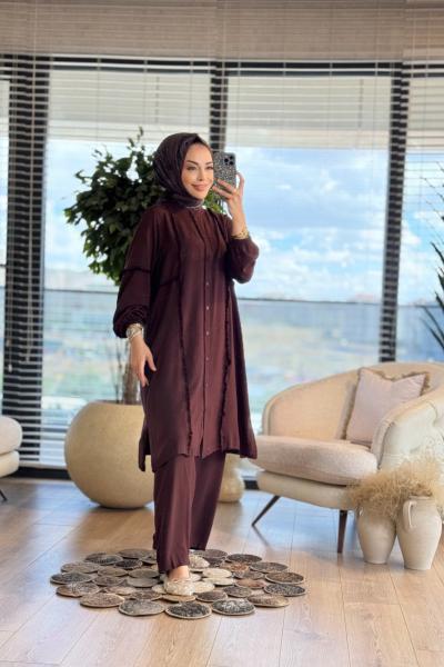 454 Ön Saçak Püsküllü Düğmeli Takım Kahve