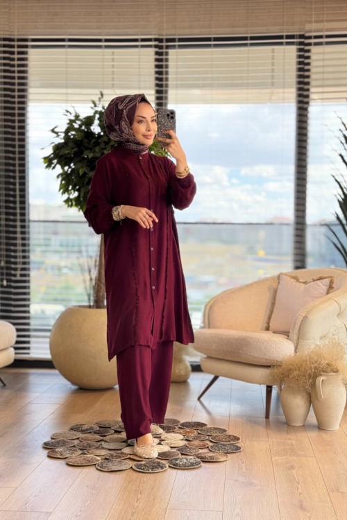 454 Ön Saçak Püsküllü Düğmeli Takım Bordo