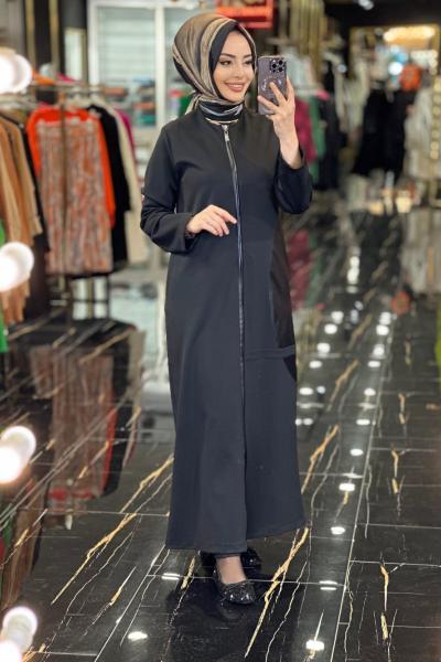 4540 Sağ Tarafı Deri Parçalı Fermuarlı Pardesü Siyah