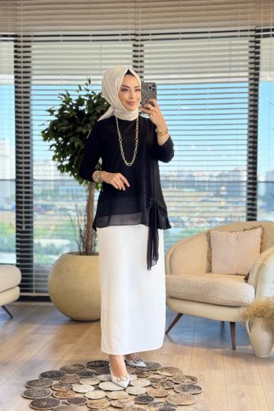 457 Alt Şifonlu Fiyonklu Tunik Siyah