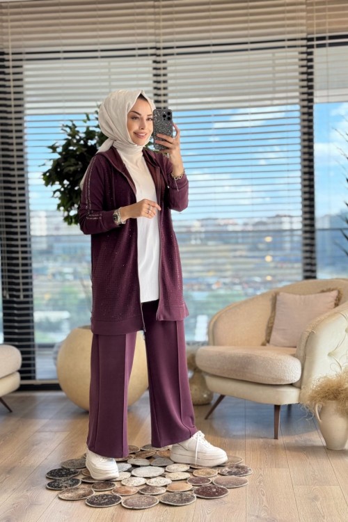 4598 Ön Kol Serpme Taş Baskılı Fermuarlı Takım Bordo