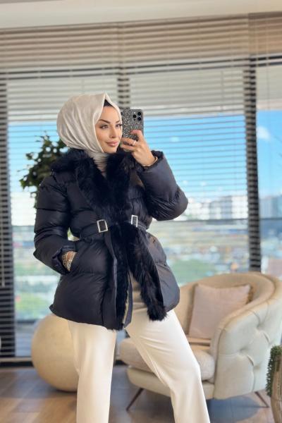 4605 Yakası Kürklü Şişme Kısa Kaban Siyah