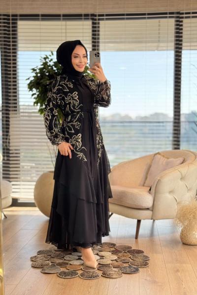 471 Laseli Şifon Katlı Abaya 2li Takım Siyah