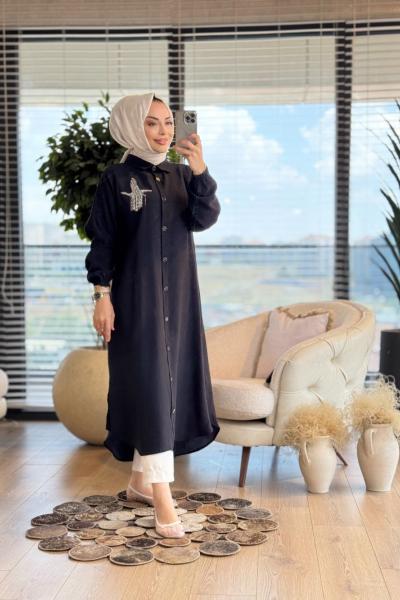 490 Sol Göğüs Kuş Broş İşli Uzun Tunik Siyah