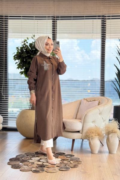 490 Sol Göğüs Kuş Broş İşli Uzun Tunik Kahve