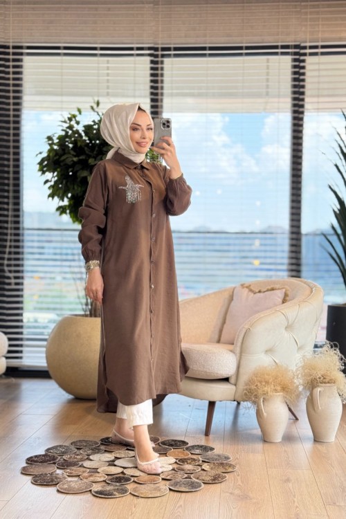 490 Sol Göğüs Kuş Broş İşli Uzun Tunik Kahve