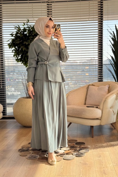 4904 Ön Kruvaze Kuşaklı Etekli Takım Haki