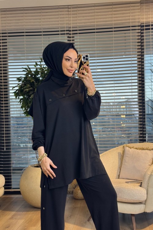 4907 Robası Parça Üstü Çıtçıt Detaylı Takım Siyah