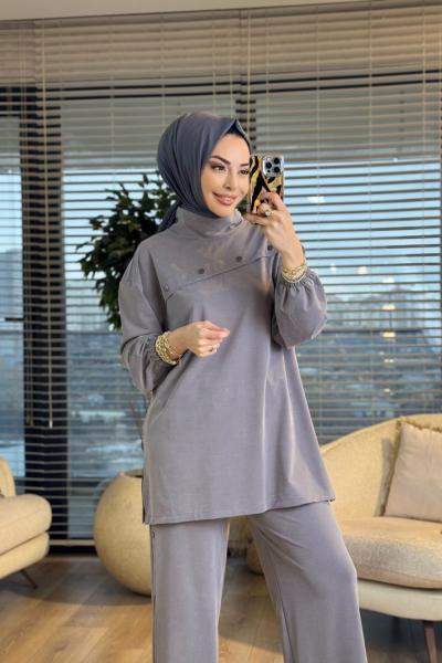 4907 Robası Parça Üstü Çıtçıt Detaylı Takım Gri