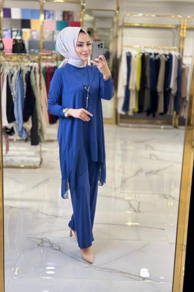 495 Evaze Şifon Detaylı Penye Takım İndigo