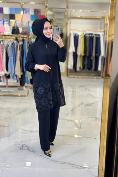 497 Etek Ucu Dantel Güpürlü Fermuarlı Takım Siyah