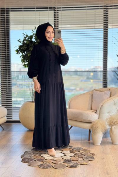 499 Önü Fırfırlı Natural Elbise Siyah