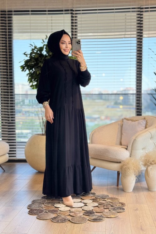 499 Önü Fırfırlı Natural Elbise Siyah