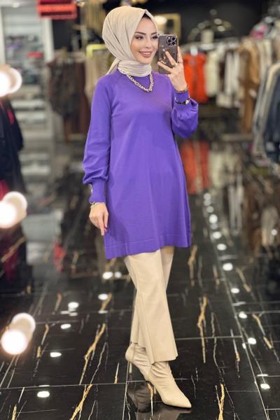 500 Sıfır Yaka Triko Tunik Mor