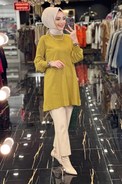 500 Sıfır Yaka Triko Tunik Yağ Yeşili