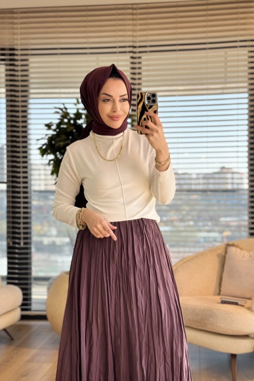 5004 Beli Lastikli Kırışık Etek Gül