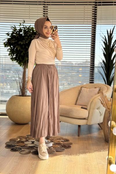 5004 Beli Lastikli Kırışık Etek Vizon