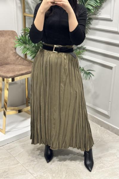 5004 Beli Lastikli Kırışık Etek Haki