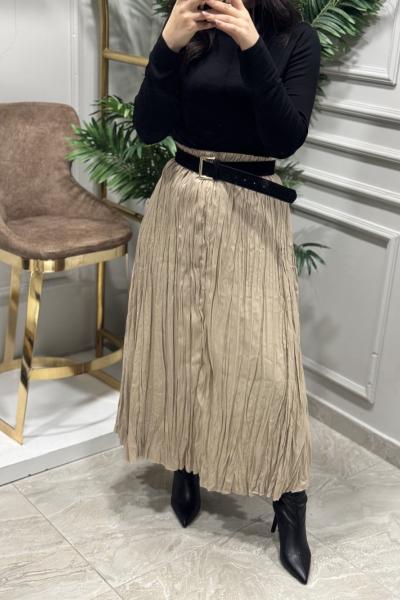 5004 Beli Lastikli Kırışık Etek Bej