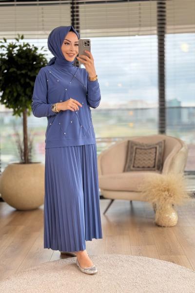 5004 Ön Baklava Dikiş Üstü Taşlı Takım İndigo