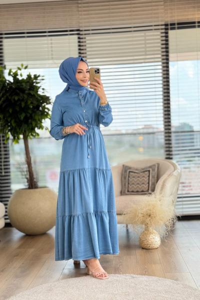 5006 Tencel Pat Düğme Bel Bağcıklı Elbise Mavi
