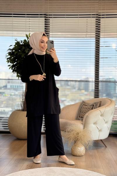 5015 Yanları Cepli Sandy Takım Siyah