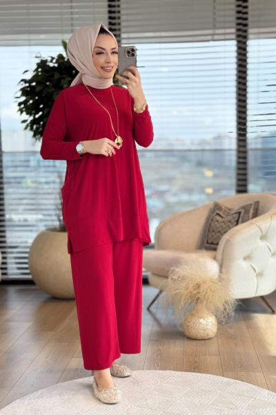 5015 Yanları Cepli Sandy Takım Kırmızı