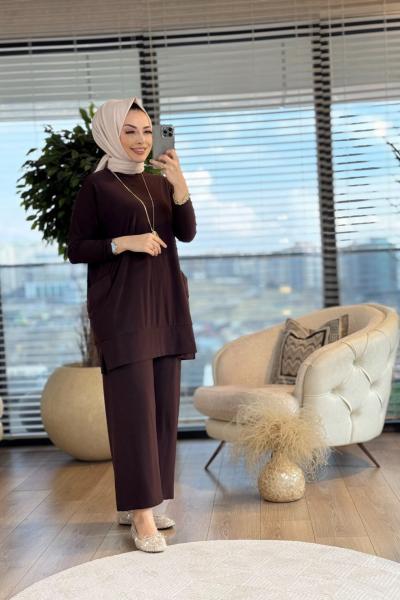 5015 Yanları Cepli Sandy Takım Kahve