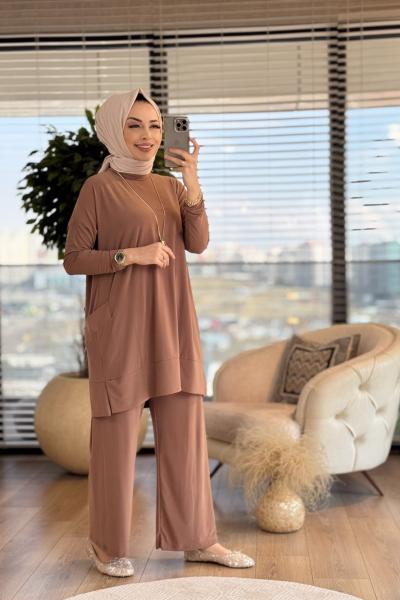 5015 Yanları Cepli Sandy Takım Latte