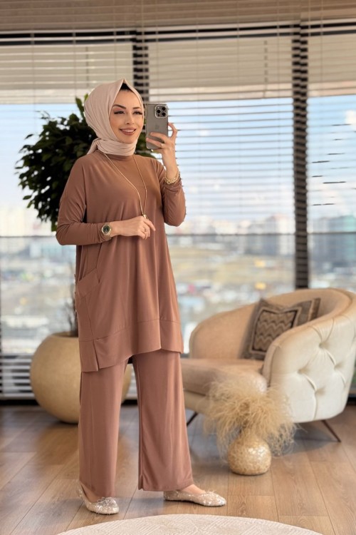 5015 Yanları Cepli Sandy Takım Latte