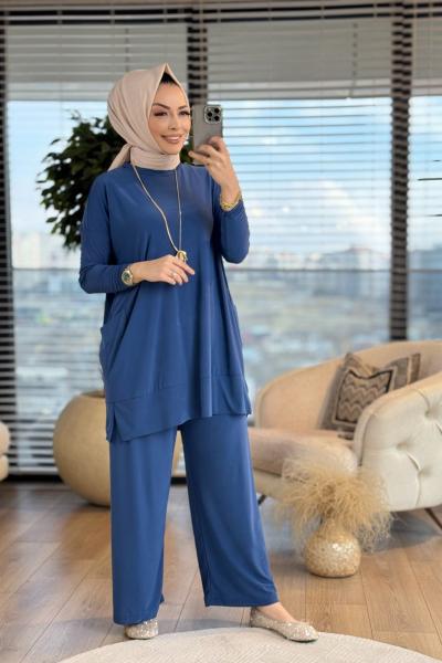 5015 Yanları Cepli Sandy Takım İndigo