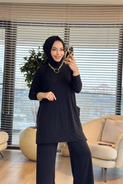 5015 Yanları Cepli Sandy Takım Siyah