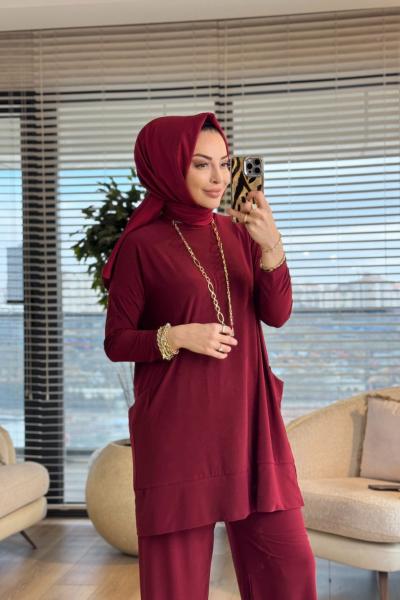 5015 Yanları Cepli Sandy Takım Bordo
