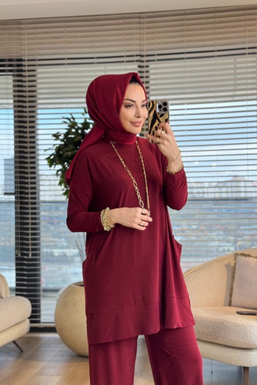 5015 Yanları Cepli Sandy Takım Bordo