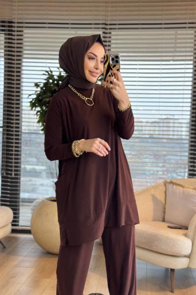 5015 Yanları Cepli Sandy Takım Kahve