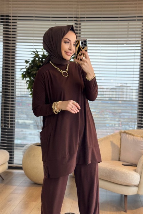 5015 Yanları Cepli Sandy Takım Kahve