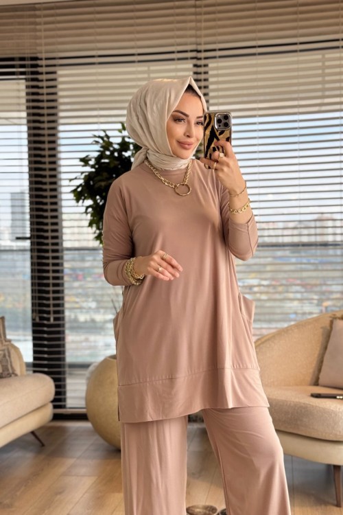 5015 Yanları Cepli Sandy Takım Bej