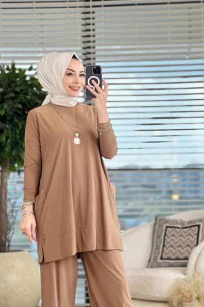 5015 Yanları Cepli Sandy Takım Latte